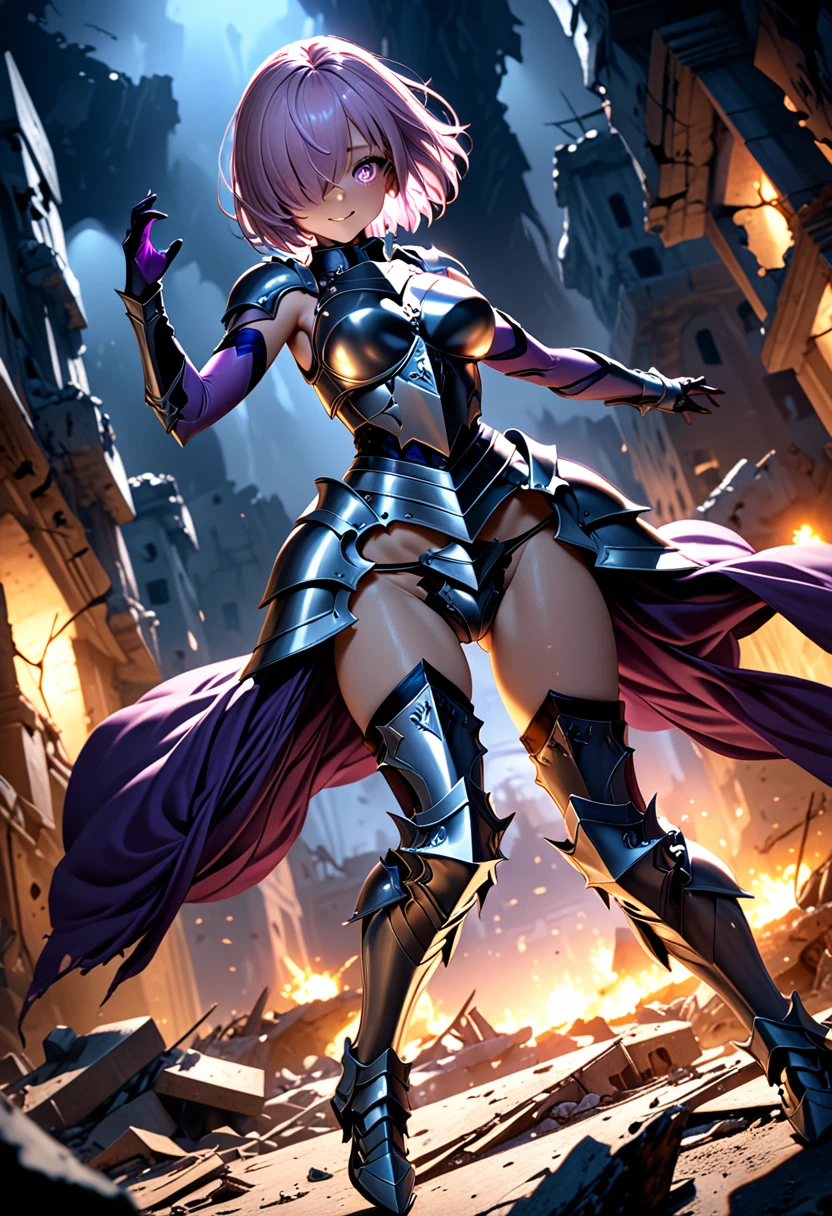 (masterpiece, top quality, best quality, beautiful and aesthetic:1.2), full body, SFW, extremely detailed, detailed face and eyes, cinematic light, depth of field, 1girl, seducing smile, solo, official, (full armored knight:1.4), dark armor, mash kyrielight, light purple hair, short hair, hair over one eye, slim body, cinematic lighting, dramatic lighting, dramatic atmosphere, hyper-realistic, high resolution, stunning contrast, high quality, best quality, 8k, 4k, intricately detailed, (amazing details:1.2), highly detailed skin, powerful presence, vibrant colors, (detailed eyes:1.2), striking eyes, (detailed background), (warzone on background, night, ruins), (dynamic angle:1.2), (dynamic pose:1.2)