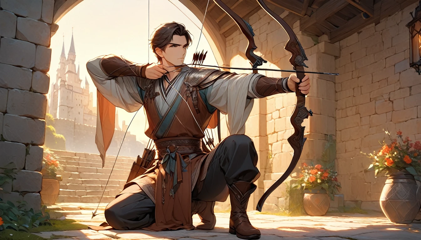 ((Masterpiece)), ((Best Quality)), (Very Detailed), ((Very Detailed)), 4K, (8K), very aesthetic, absurdres highres, 1 male, solo, Archer, A fantasy archer holds his bow in the courtyard of a castle at dawn, the archer has one foot in front of him in a stable position, his body slightly leaning forward and the strength to draw his bow The hand holding the bow firmly grips the center of the bow, and the puller pulls the arrow onto the string. The puller's elbow is at shoulder height, and the arrow points straight ahead. Cool light reflects off the stone walls of the castle, and the archer's clothing is made of magical cloth. The quiver is engraved with runes and has mysterious patterns drawn on it, and the archer's expression is tense and gives off a brave atmosphere.
