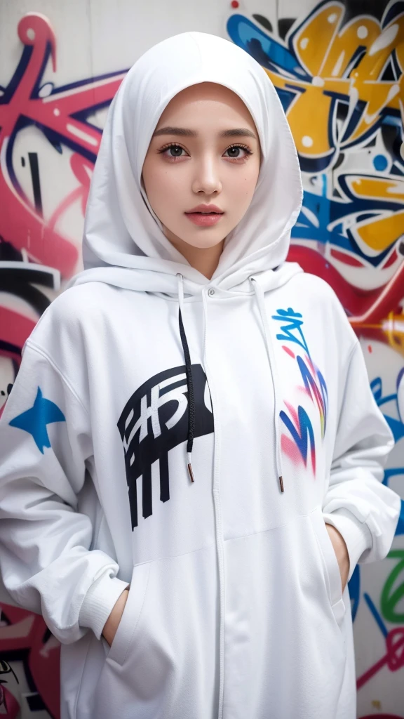 1girl, solo, pretty face, eyelashes, nose, glossy lips, (detailed eyes, looking at viewer, fair skin, white skin: 1.5), smooth skin, wearing hijab, 8k portrait of beauty in hijab, intricate, graceful, highly detailed, majestic, digital photography, hyper realistic, Masterpiece, Best Quality, All parts of the body except the face and hands are covered with clothing, Tudung, ((do not let the hair come out of the hijab)), full hijab, ((all parts of the body covered by clothes except the face)), Best Quality, (graffiti:1.5), paint splatter, jacket, On wall, paint can, looking at viewer, head slanted, clothing color (Wear a hooded military uniform), cyberpunk city