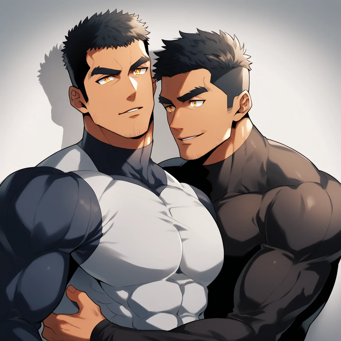 anime characters:Two superheroes in tights, Muscle superhero, negro black skin, They hugged and kissed each other, Bite your neck, Caress, Manliness, male focus, Yellow and black high collar long sleeve tight T-shirt, Slightly transparent material, Very tight, Round, full and perky chest muscles, Muscle waist, Slightly transparent, muscular male, muscular, only, Upper body, alone, Black short hair, Thick eyebrows, stubble, Yellow eyes, Grey background, simple background, amazing quality, best aesthetics, Ridiculous, bright pupils, crew cut, parted lips, seductive smile, torogao, naughty face, drop shadow, best quality