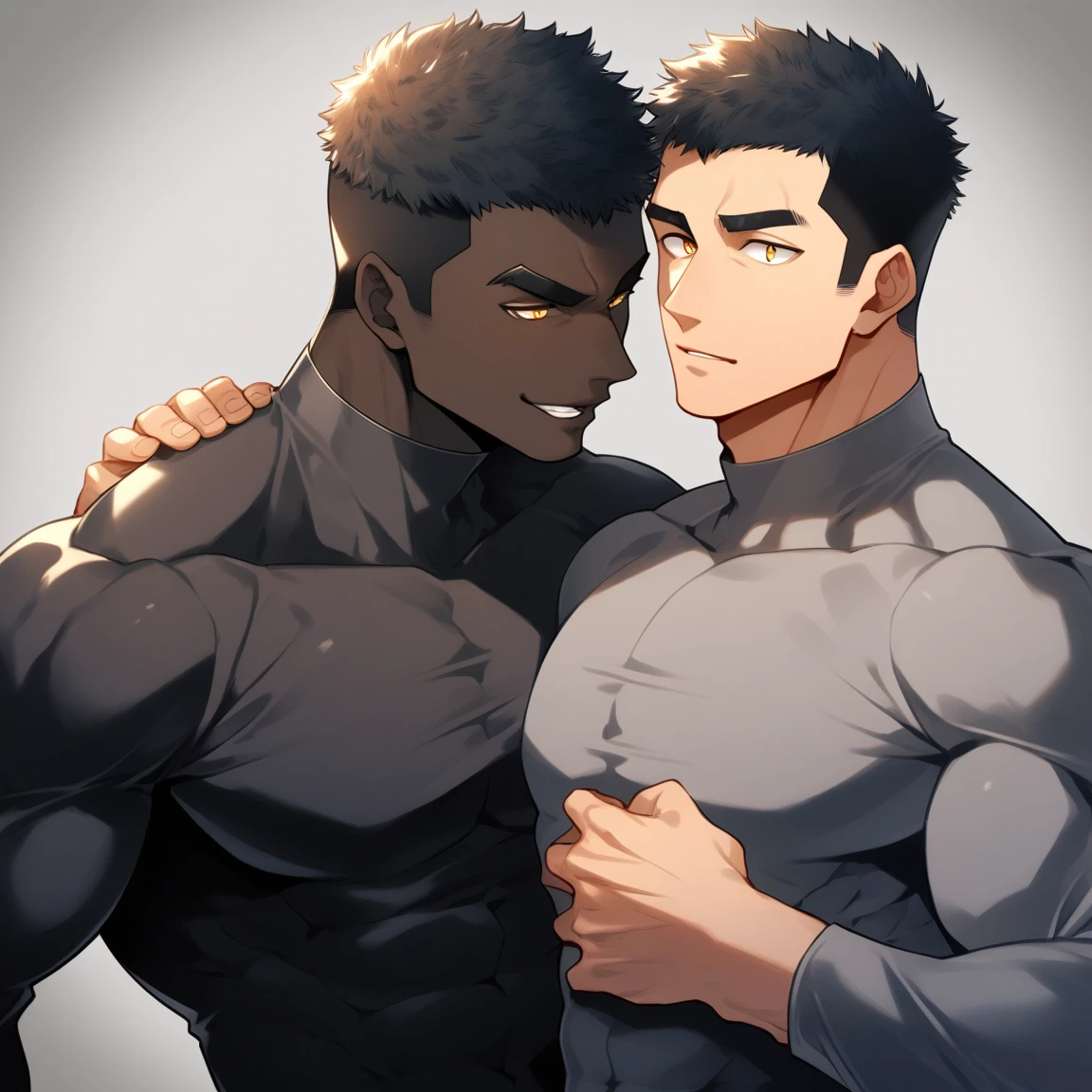 anime characters:Two superheroes in tights, Muscle superhero, negro black skin, They hugged and kissed each other, Bite your neck, Caress, Manliness, male focus, Yellow and black high collar long sleeve tight T-shirt, Slightly transparent material, Very tight, Round, full and perky chest muscles, Muscle waist, Slightly transparent, muscular male, muscular, only, Upper body, alone, Black short hair, Thick eyebrows, stubble, Yellow eyes, Grey background, simple background, amazing quality, best aesthetics, Ridiculous, bright pupils, crew cut, parted lips, seductive smile, torogao, naughty face, drop shadow, best quality