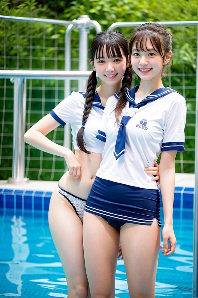 2 girls in shower in sunny school poolside,wet sailor shirt,white panties,18-year-old,bangs,a little smile,thighs,knees,wet short hair with low pigtails bunches,from beside,front light