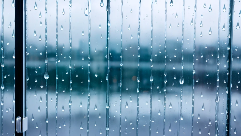Raindrops on window glass. Rainy city background. Drops on glass, generative ai