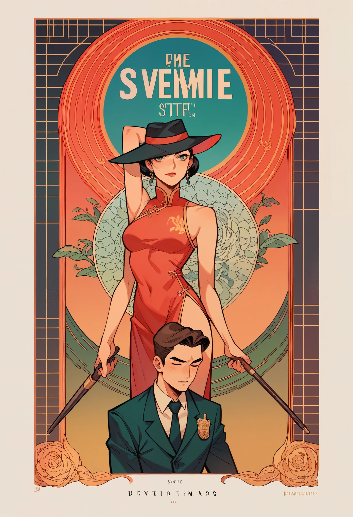 movie poster, highres, top quality, best quality, paid reward available, unparalleled masterpiece, perfect artwork, absurdres, High-quality illustrations, super high resolution, detailed background, perfect anatomy(1boy, detective, 1woman in Chinese dress)Crime mystery,