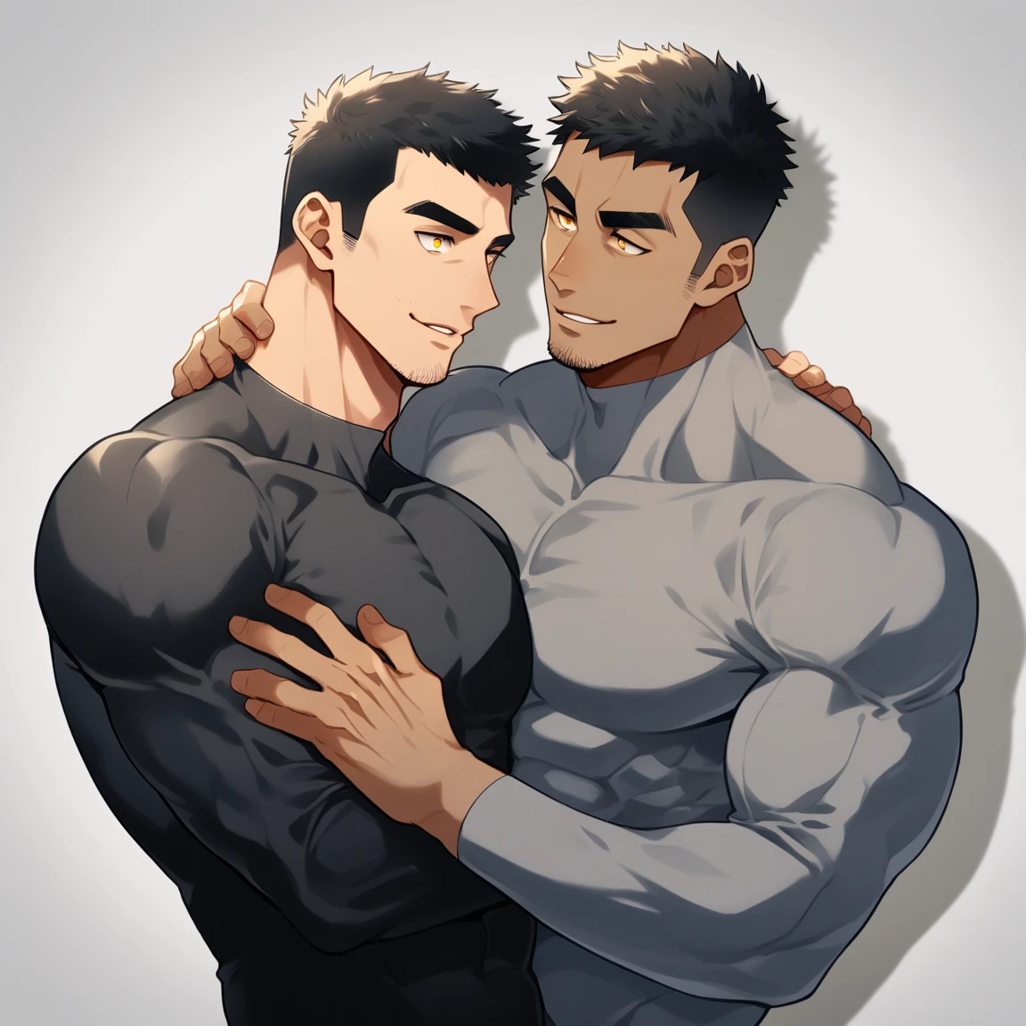 anime characters:Two superheroes in tights, Muscle superhero, Dark Gey skin, They hugged and kissed each other, Bite your neck, Caress, Manliness, male focus, Yellow and black high collar long sleeve tight T-shirt, Slightly transparent material, Very tight, Round, full and perky chest muscles, Muscle waist, Slightly transparent, muscular male, muscular, only, Upper body, alone, Black short hair, Thick eyebrows, stubble, Yellow eyes, Grey background, simple background, amazing quality, best aesthetics, Ridiculous, bright pupils, crew cut, parted lips, seductive smile, torogao, naughty face, drop shadow, best quality