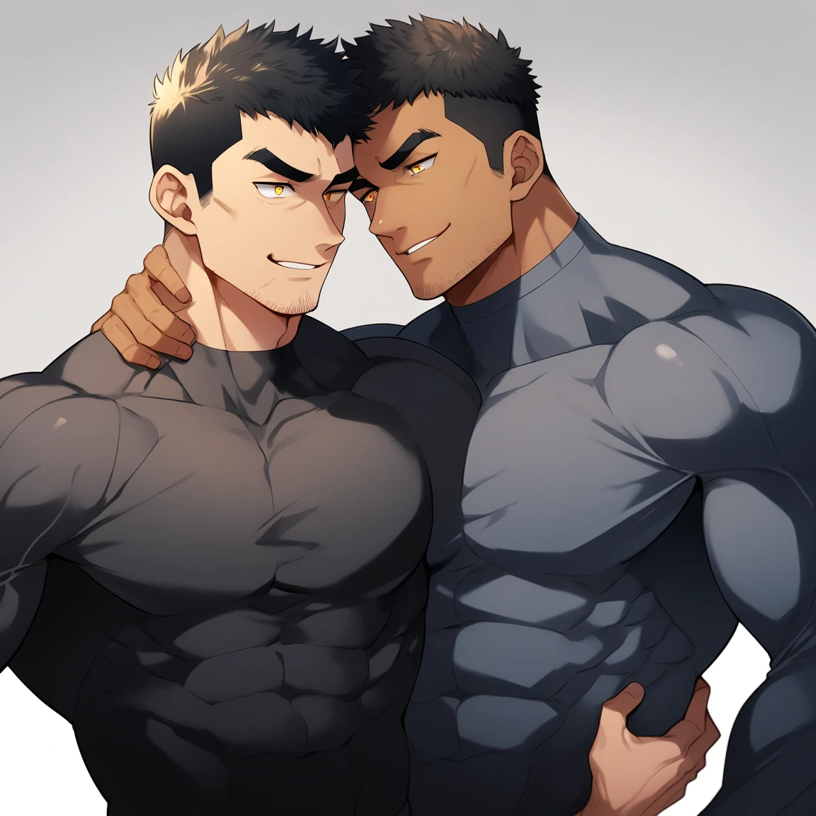 anime characters:Two superheroes in tights, Muscle superhero, Dark Gey skin, They hugged and kissed each other, Bite your neck, Caress, Manliness, male focus, Yellow and black high collar long sleeve tight T-shirt, Slightly transparent material, Very tight, Round, full and perky chest muscles, Muscle waist, Slightly transparent, muscular male, muscular, only, Upper body, alone, Black short hair, Thick eyebrows, stubble, Yellow eyes, Grey background, simple background, amazing quality, best aesthetics, Ridiculous, bright pupils, crew cut, parted lips, seductive smile, torogao, naughty face, drop shadow, best quality