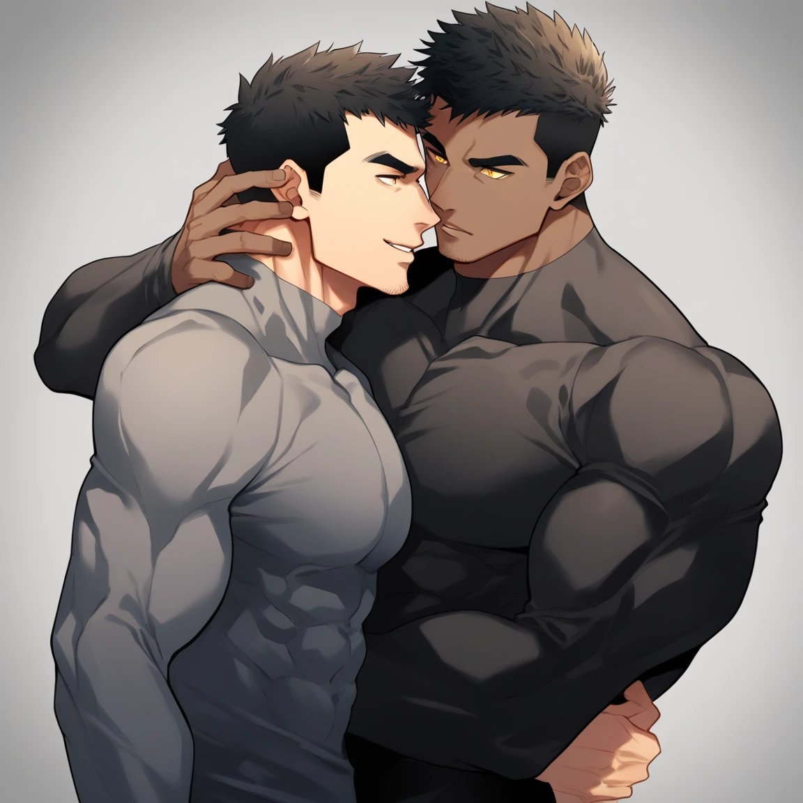 anime characters:Two superheroes in tights, Muscle superhero, Dark Gey skin, They hugged and kissed each other, Bite your neck, Caress, Manliness, male focus, Yellow and black high collar long sleeve tight T-shirt, Slightly transparent material, Very tight, Round, full and perky chest muscles, Muscle waist, Slightly transparent, muscular male, muscular, only, Upper body, alone, Black short hair, Thick eyebrows, stubble, Yellow eyes, Grey background, simple background, amazing quality, best aesthetics, Ridiculous, bright pupils, crew cut, parted lips, seductive smile, torogao, naughty face, drop shadow, best quality