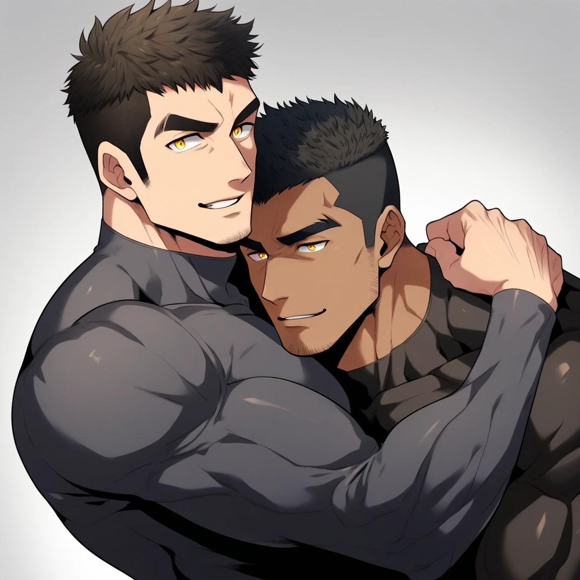 anime characters:Two superheroes in tights, Muscle superhero, Dark Gey skin, They hugged and kissed each other, Bite your neck, Caress, Manliness, male focus, Yellow and black high collar long sleeve tight T-shirt, Slightly transparent material, Very tight, Round, full and perky chest muscles, Muscle waist, Slightly transparent, muscular male, muscular, only, Upper body, alone, Black short hair, Thick eyebrows, stubble, Yellow eyes, Grey background, simple background, amazing quality, best aesthetics, Ridiculous, bright pupils, crew cut, parted lips, seductive smile, torogao, naughty face, drop shadow, best quality