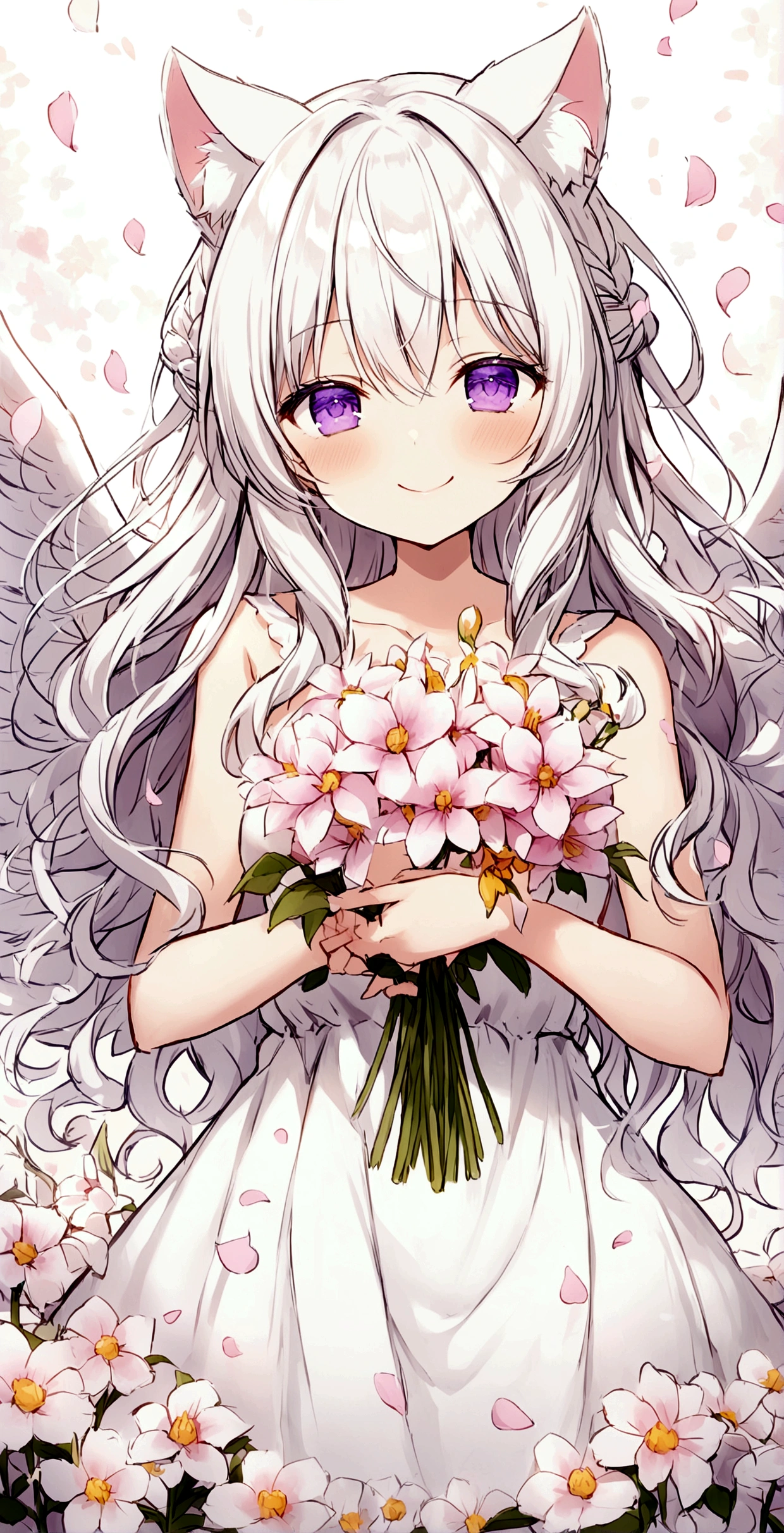 smile,Wink,Long Wavy Hair,White hair is very attractive, Detailed and precise manual work, Attractive girl, White cat ears,Purple eyes and white eyelashes,light in your eyes,Big angel wings,Make flowers bloom on your body,Asahi,A subject that stands out in a flower field, Petals flutter,White delicate dress, Hand-drawn illustration