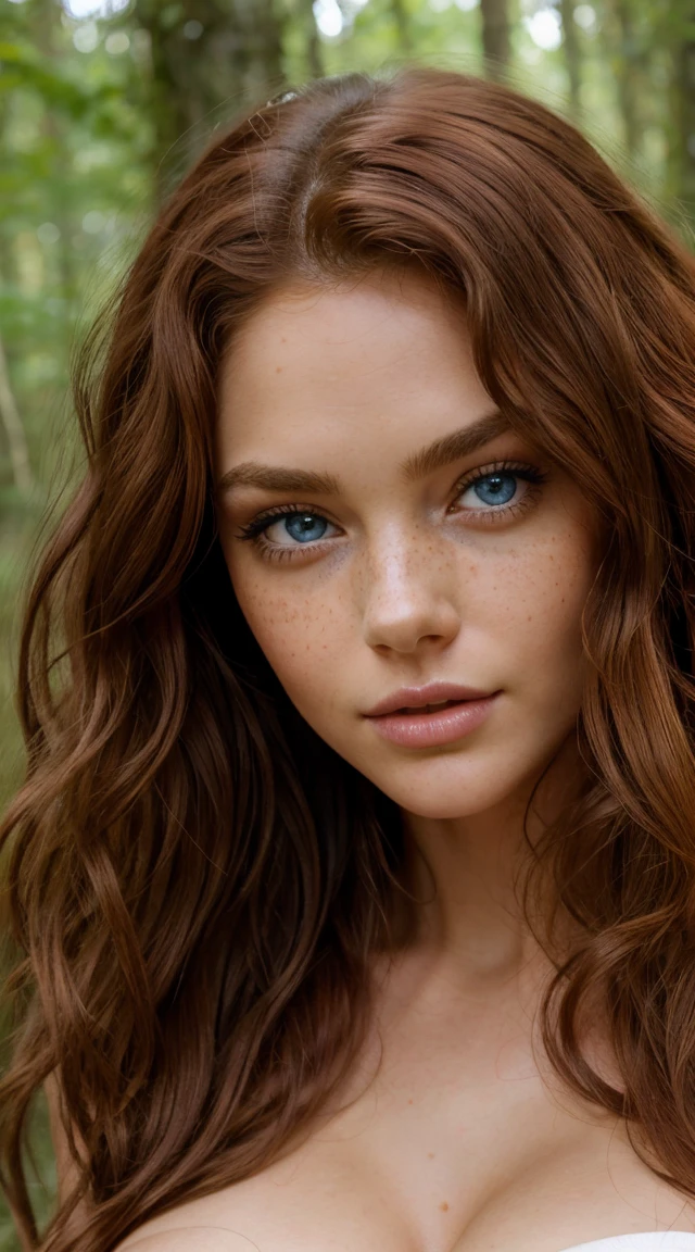 Masterpiece, Best Quality, expressive eyes, Perfect face, large eyes, looking at the viewer, big breasts, big chest, small waist, Best Quality, realist, perfect shape, Very detailed, naked and sexy excited, curly red hair, long hair, Blue eyes, In the woods, freckles on his face, blush on the cheeks, big, puffy hair, very curly hair

