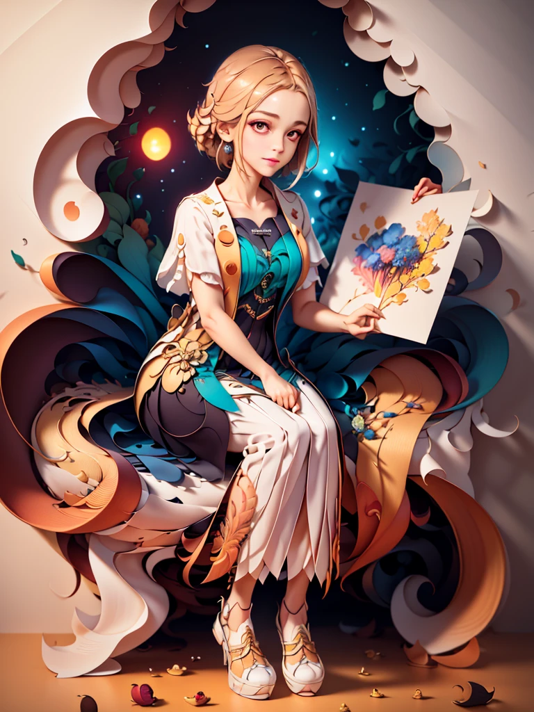 (((Masterpiece))),Best Quality, illustration, sunset, Vibrant color scheme, Luz outfit,(warm color:1.2),watercolor painting, light background, Best Quality exquisite details,3D rendering,octane rendering, pastel, Paper_cut.