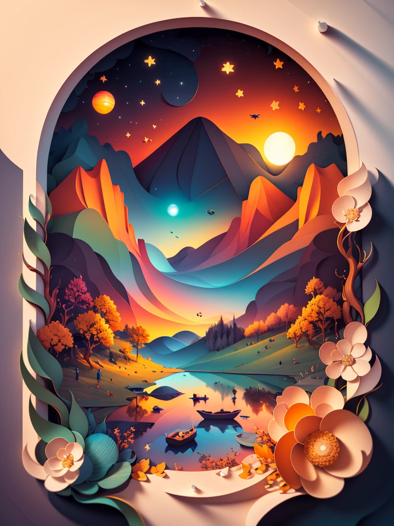 (((Masterpiece))),Best Quality, illustration, sunset, Vibrant color scheme, Luz outfit,(warm color:1.2),watercolor painting, light background, Best Quality exquisite details,3D rendering,octane rendering, pastel, Paper_cut.