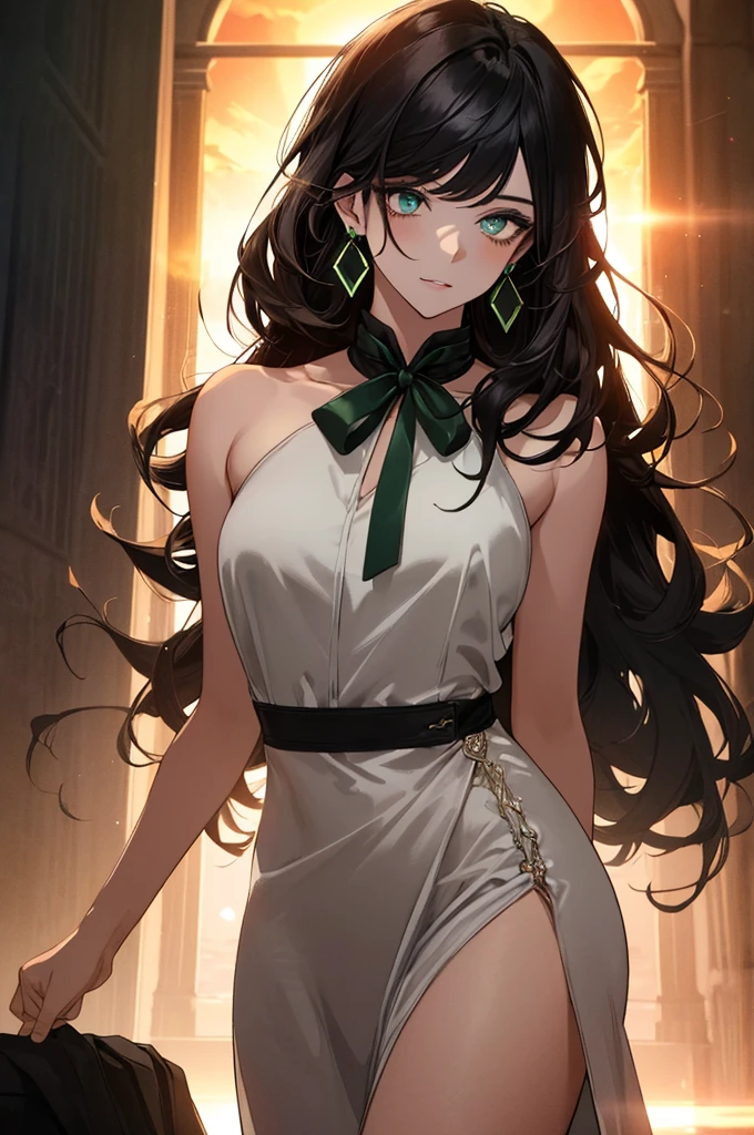 (top quality, masterpiece, high quality, ultra-delicate), ((beautiful girl)), (((adult)), ((Pure Dark black hair)), mature, graceful curves, ((long hair, long bangs)), ((bright green eyes)), ((detailed eyes)), nose, bangs, black collar, ((Revealing white   Dress, slit skirt)), V neck, seductive, standing casual ribbon, charm, shoulderless dress, fashion, thick thighs, green earrings, Good Lighting, Sunset.