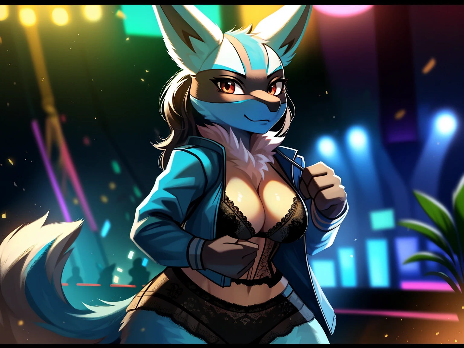 ((lucario)), ((solo)) wolf, blue fur, spikes, breasts, black lace lingerie, ((blue open jacket)), lace miniskirt, sexy dynamic pose, looking at viewer, potted plants, decorations, standing, up close, inside, nightclub, rave, lens flare, Very good figure, best quality, highres, 16k, Natural soft light, Tyndall effect, Advanced film lighting, Unreal Engine5, Extremely realistic, A high resolution, perfect masterpiece, high quality, high resolution