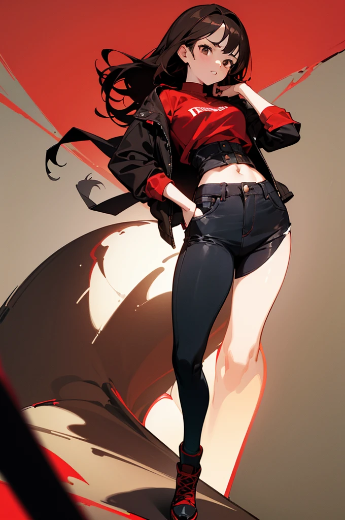 ((best quality)), ((masterpiece)), (detailed), A beautiful young teenage girl, dark brown hair with red strips, dark brown eyes, wears a red shirt and black jacket, black jeans and dark red shoes, wears a black and white comedy mask, beautiful, hot, cool, god, digital 