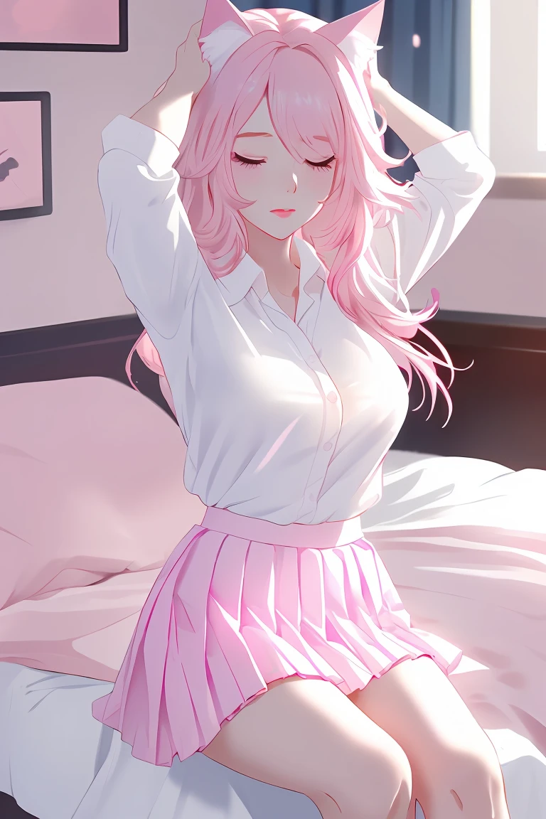 score_9,score_8_up,score_7_up,masterpiece, top quality, best quality, official art, beautiful and aesthetic, animation, , 1girl with cat ear, perfect figure, pink hair, complicated details, bedroom, afternoon sunshine, (white shirt, pink pleated skirt:1.5), women are lazy and stretch, rubbing their eyes ,