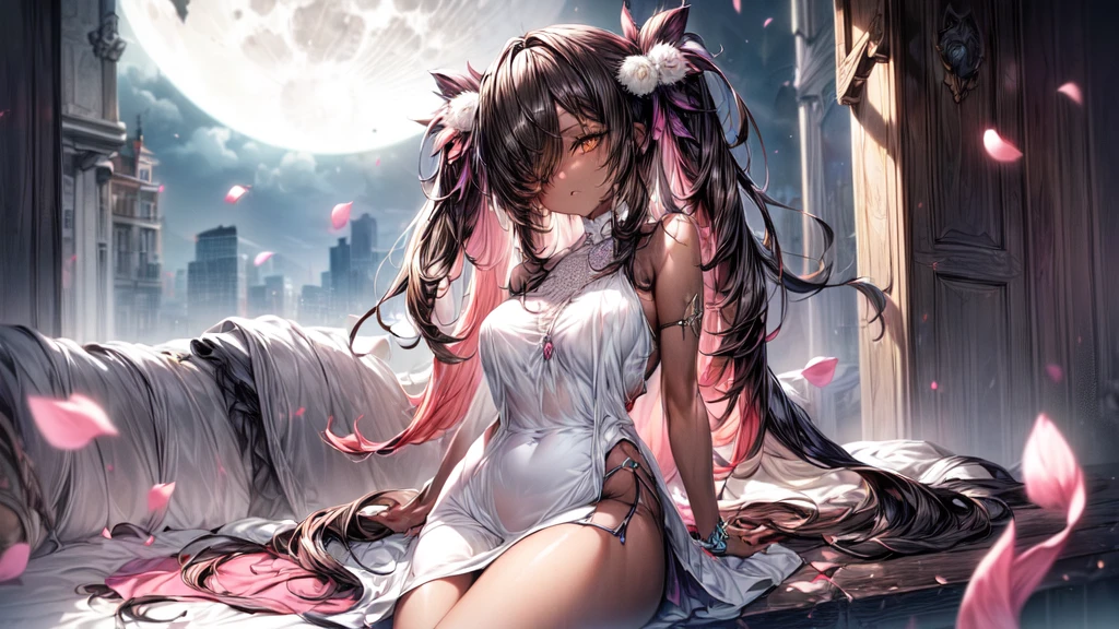 ((((Obra maestra, La mejor calidad, ultrahigh resolution)))), 1girl, standing,), ((long pure brown hair, hair over eye)), long hair cut, shiny skin, ((golden eyes)), glowing_eyes, neon eyes, (ultra detailed eyes:0.7, beautiful and detailed face, detailed eyes:0.9), ((centered)), smirk, facing viewer, ((vibrant background, dark lighting, summer, sunlight)), large chested, looking at viewer, ((half closed eyes)), ((perfect hands)), (((head:1, arms, hips in view, elbows, legs, in view))), ((hands behind back)), empty eyes, beautiful lighting, ((outside, outdoors)), defined subject, head tilt, (((gritty)), ((creepy)), ((cool)), ((beautiful)), (((SFW))), hair ornament, petals in the air, moon in the sky, city, mature woman, adult woman, sfw, pink and white dress, night dress, she is a princess, gal, dark skin,