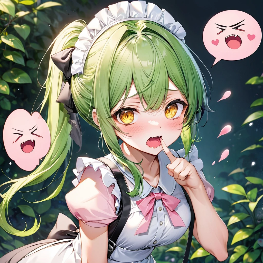 (Tsundere love mode) (15 yo, solo ponytail green hair long hair cute girl, lovely yellow eyes, angry face, pink lip open mouth, medium tits), break, (in a summer maid clothes, skirt), (index finger raised), BREAK, perfect anatomy, masterpiece, best quality, 16k, beautiful detailed grow, daydreaming expression.