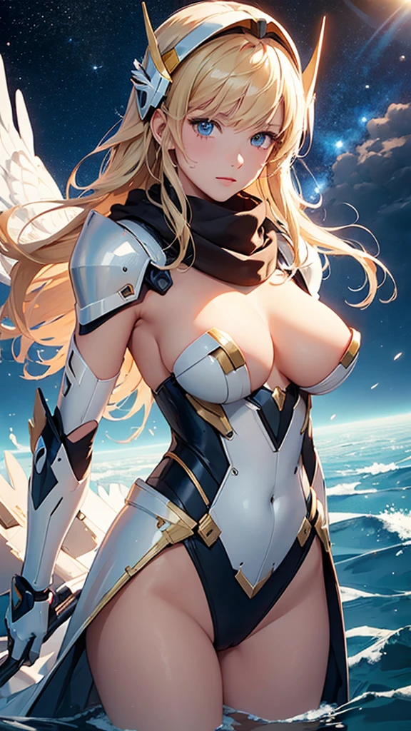 (((masterpiece))),16K,best quality, illustration, Earth, water,fire,wind,space,1 girl,blond,Beautiful mecha,shining armor,Eagle Helmet,pretty face,scarf,paper_cut,NSFW,Big breasts,Sexy