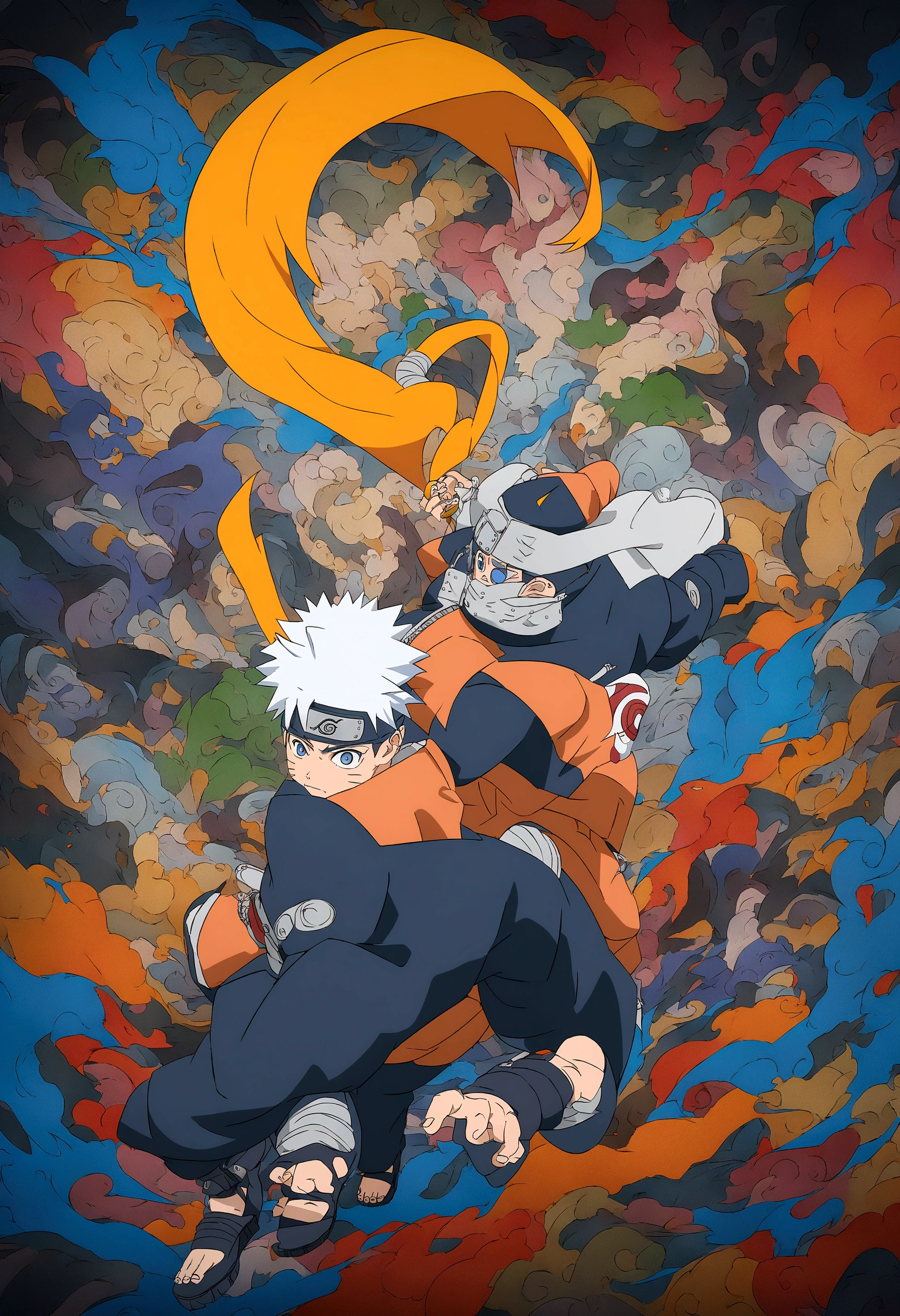 Cartoon art of a man holding a sword with lots of graffiti, Naruto art style, trending Anime Artwork, pop anime art, Anime Abstract Art, Anime Pop Artwork, Anime epic artwork, anime art wallpaper 8 k, Anime Art Wallpaper 4K, Anime Art Wallpaper 4K, anime style artwork, Uzumaki Naruto, Clean and detailed anime art, Anime Artwork,Change Naruto's clothes to Naruto in Six Paths Mode. Image scale 16:9
