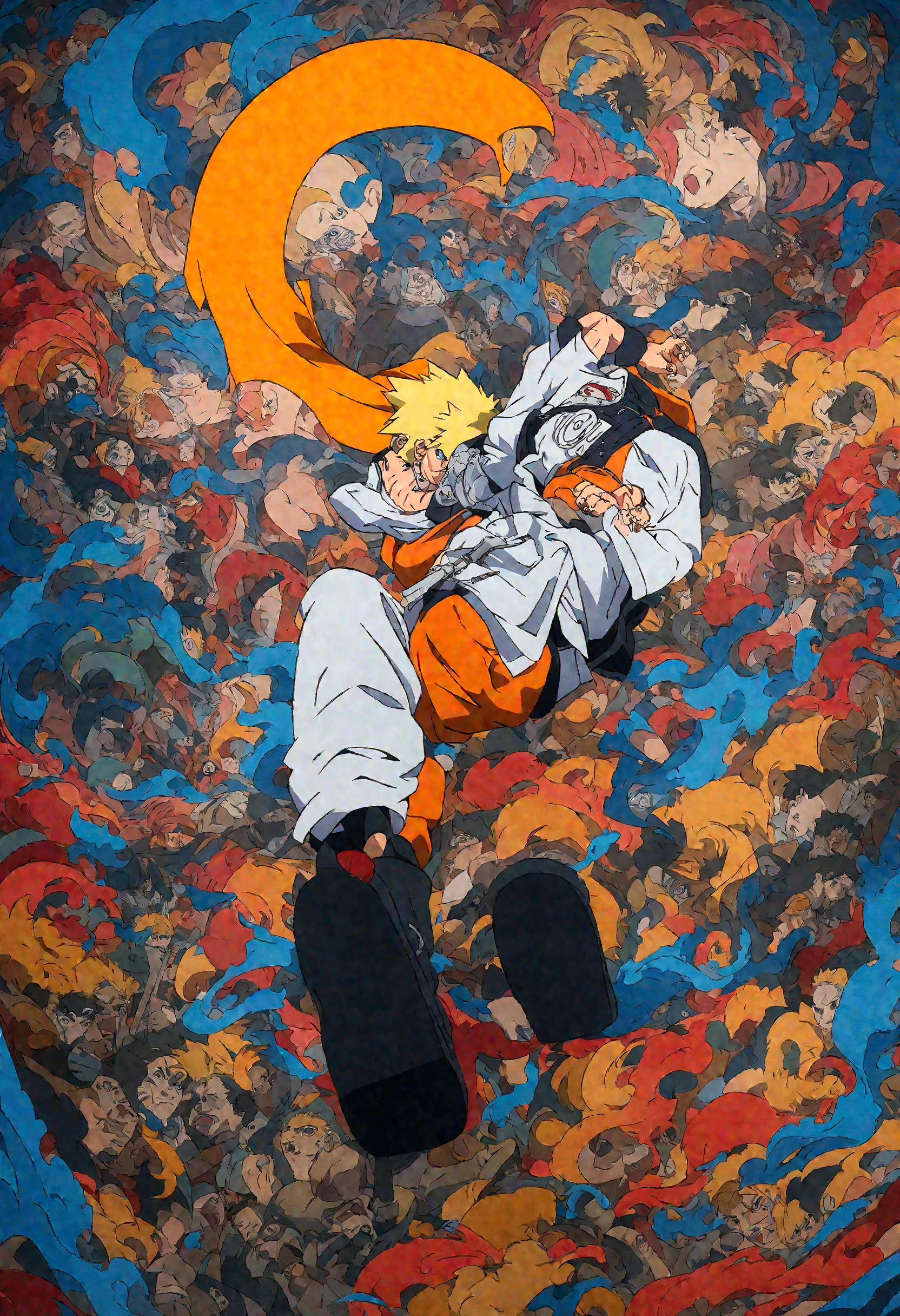 Cartoon art of a man holding a sword with lots of graffiti, Naruto art style, trending Anime Artwork, pop anime art, Anime Abstract Art, Anime Pop Artwork, Anime epic artwork, anime art wallpaper 8 k, Anime Art Wallpaper 4K, Anime Art Wallpaper 4K, anime style artwork, Uzumaki Naruto, Clean and detailed anime art, Anime Artwork,Change Naruto's clothes to Naruto in Six Paths Mode. Image scale 16:9
