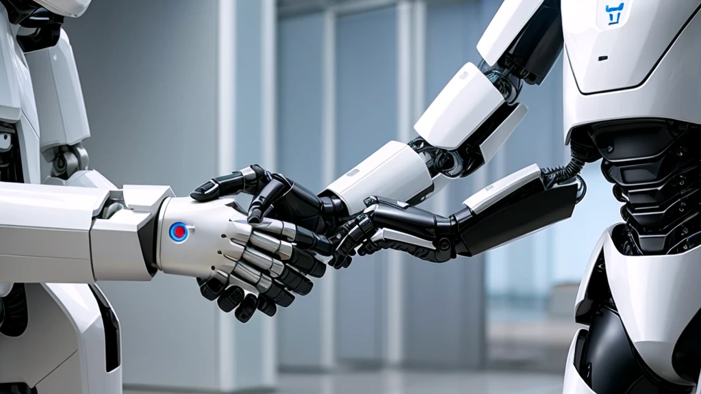 Male robot and farmer human holding hands with handshake. Deep machine learning with artificial intelligence technology,
