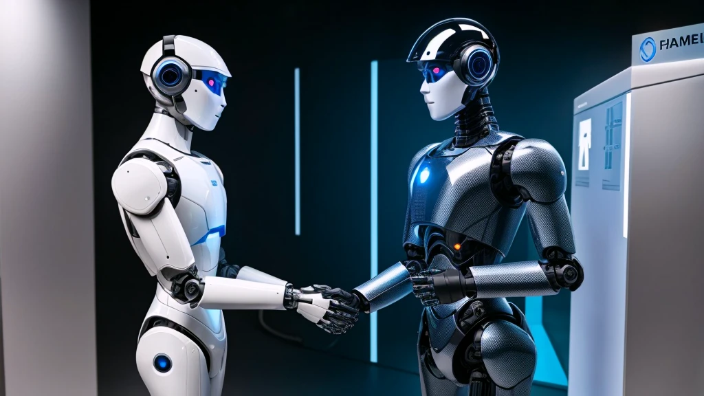 Male robot and farmer human holding hands with handshake. Deep machine learning with artificial intelligence technology,