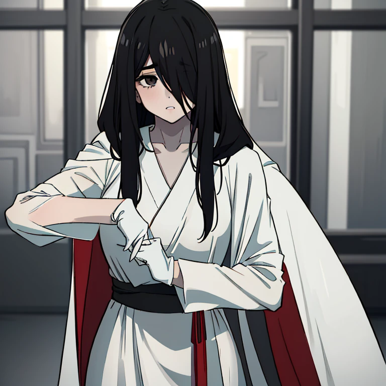 ((masterpiece)), (best quality), (absurdres), black hair, yamamura_sadako, white gloves, white cloak, cape (white dress, black obi), (grey skin), hair over eyes, eyes covered, looking at viewer,