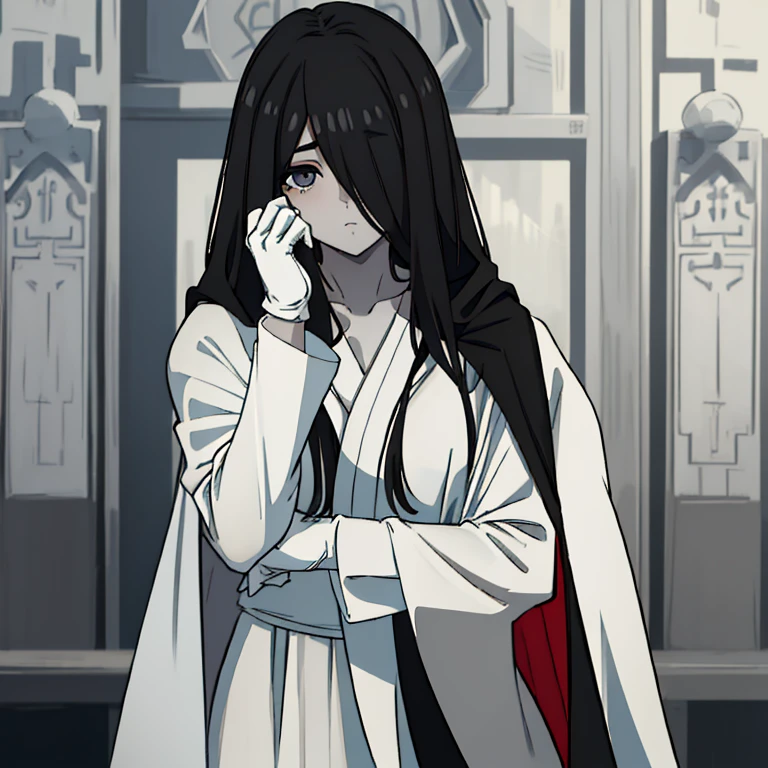 ((masterpiece)), (best quality), (absurdres), black hair, yamamura_sadako, white gloves, white cloak, cape (white dress, black obi), (grey skin), hair over eyes, eyes covered, looking at viewer, 