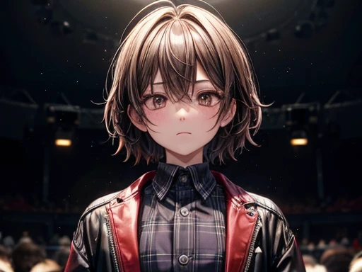 Dusk Spider, illustrinion, 1人of男of子, Male Focus,  Hideto Matsumoto, Hiding from X-JAPAN, 日本ofロックスター, ピンクof蜘蛛, Bokeh, brown_eye, Closed_mouth, Cosplay_photograph, depth_of_Field, shape, movie_grain, Concentration, Jacket, Looking_in_Audience, Plaid, Plaid_shirt,  spike_hair, Stadium, Unconventional_media, white_background,  eyeliner, brown eye,    ピンクofhair,   一人in, Looking_in_Audience,  Emotional,  Very detailed, Wide Shot,Art by artgerm,   