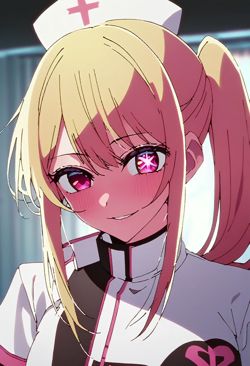 Blonde、nurse、injection、Highest quality、high resolution、8K,Highest quality、Star-shaped pupil、The best smile、long hair、Pink Eyes、ponytail、Upper Body、One person