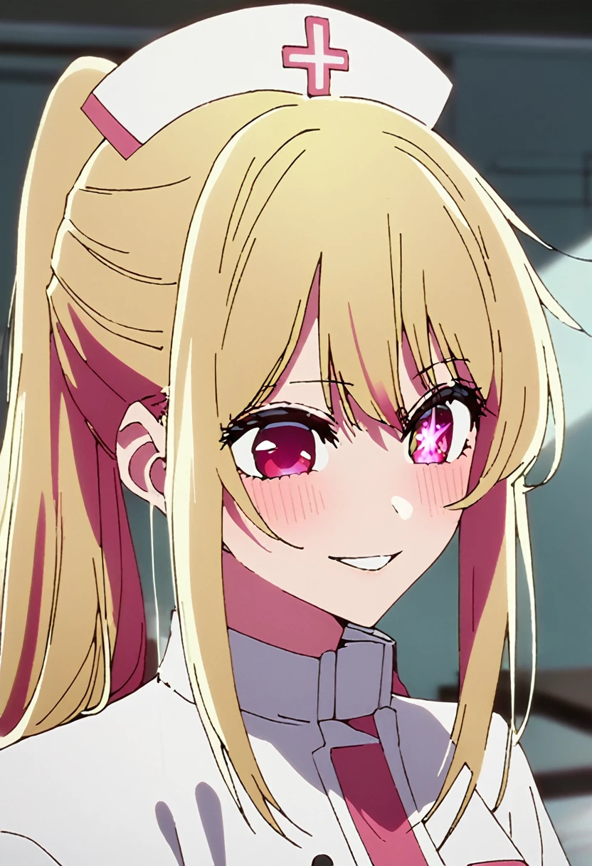 Blonde、nurse、injection、Highest quality、high resolution、8K,Highest quality、Star-shaped pupil、The best smile、long hair、Pink Eyes、ponytail、Upper Body、One person