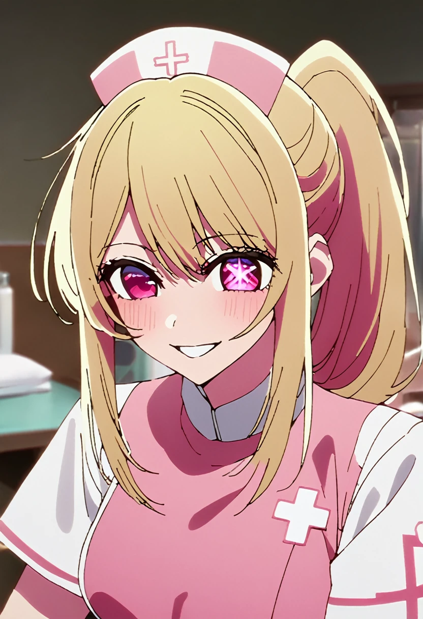 Blonde、nurse、injection、Highest quality、high resolution、8K,Highest quality、Star-shaped pupil、The best smile、long hair、Pink Eyes、ponytail、Upper Body、One person