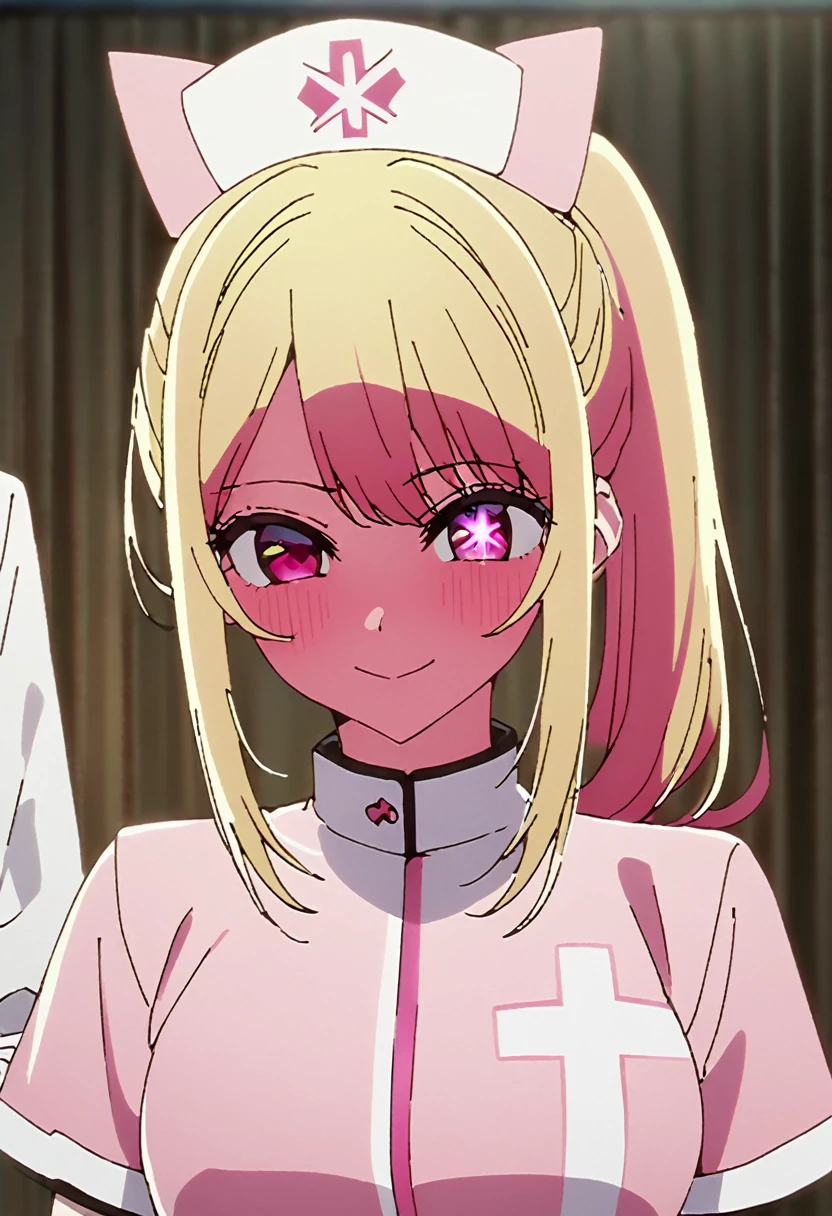 Blonde、nurse、injection、Highest quality、high resolution、8K,Highest quality、Star-shaped pupil、The best smile、long hair、Pink Eyes、ponytail、Upper Body、One person