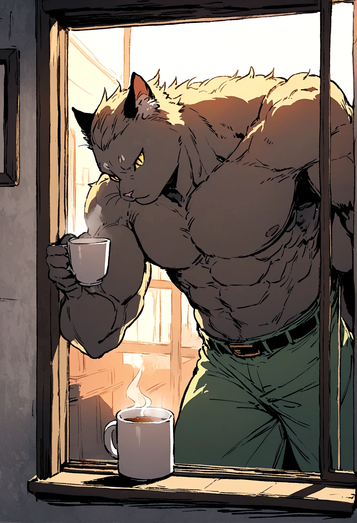 A muscular male cat man stands in front of the window，Drinking a cup of hot coffee