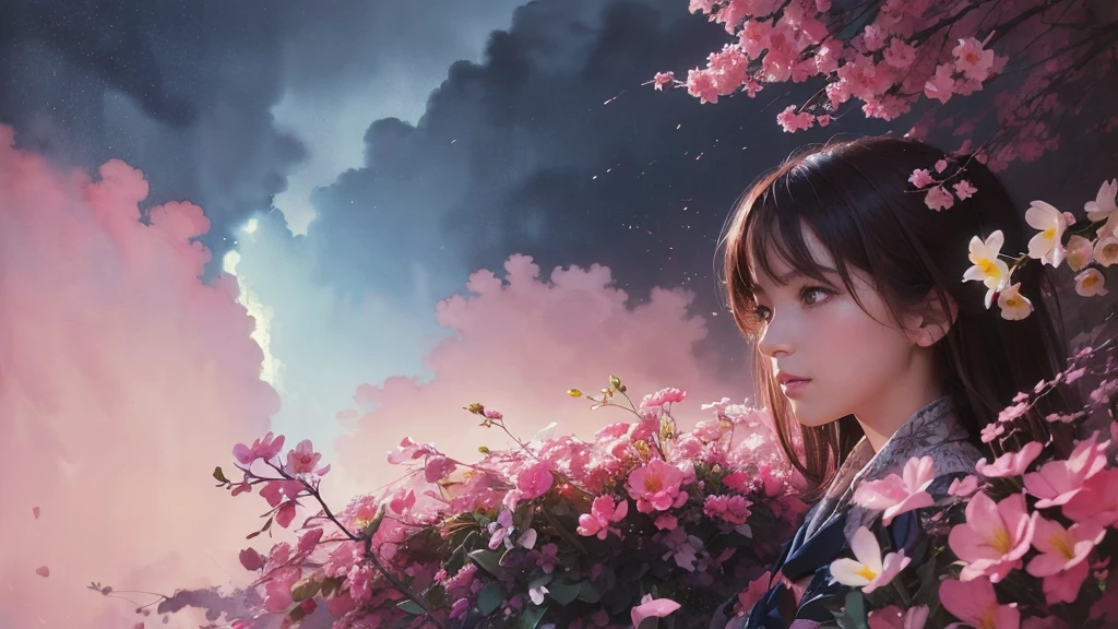 32k, Masterpiece, Highest quality, One girl, Brown Hair, Detailed eyes, flower,Freesia, Pink and navy style,A dreamy, romantic piece,Pale yellow, Mysterious Leaves,A playful arrangement,Fantasy,High Contrast,Ink strokes,explosion,Exposure, Impression of pink and navy tones,Abstract,((Watercolours by John Berkey and Jeremy Mann )) Brush strokes,Negative Space, Tyndall effect,