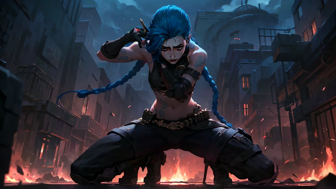 (masterpiece, Best quality), 1 girl, portrait, very sexy, crazy look, smile, crying, pink tears, tears on the cheeks, tears from eyes, full length (full body 1.1.), очень feminine, fighting stance, battle, fire, explosions, burning city, Beautiful waist, gloomy composition, flame, fire, Flash, very beautiful, feminine, long hair, hair braided in long braids, very sexy, tight leather pants, emphasis on the eyes, face accent, Beautiful face, Hands, Hair, Haired ponytail, red purple eyes, Джинкс crying, Blue cloud tattoo, (masterpiece, Best quality), Side lighting, beautiful detailed eyes, crazy face), (Best quality), (masterpiece), magic photography, Spectacular lighting, Photorealism, ultra detailed, интимная portraitная композиция, 1. 4,8 k UHD, aesthetic, Cd., A high resolution, 8 k, better lighting, Best shade, Ultra-HD, A high resolution, sharp focus, Complex background, Cinematic lighting, ((Landscape view)), 4K block, (better lighting), ((Cinematic lighting)),
