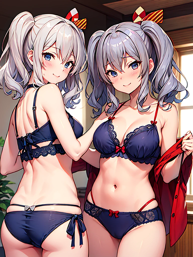 (kancolle, kashima), dark-blue bra, dark-red t-back thong g-strings, double breasted, trouble eyeblow, kind smile, open arms, navel, indoor, undressing shirts, from side behind below, [large breasts:0.8]