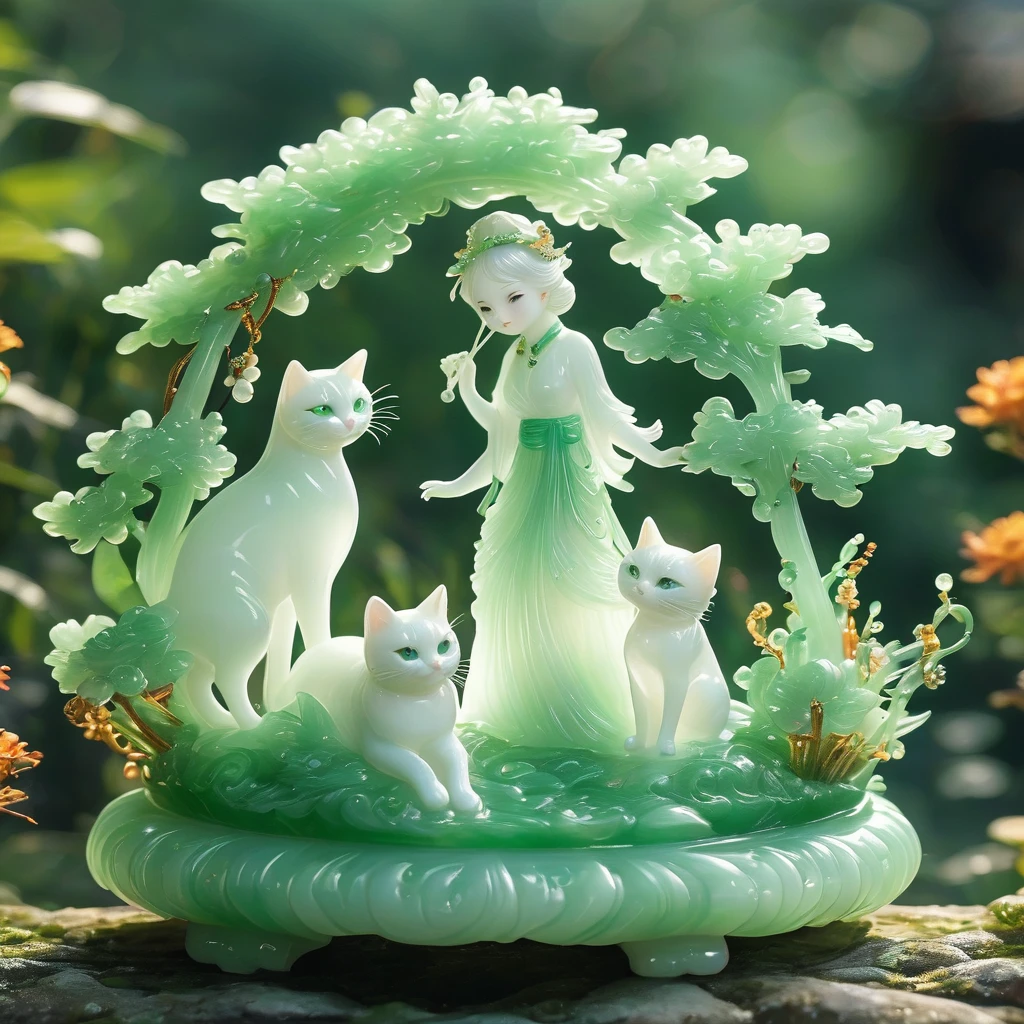best quality, very good, 16K, ridiculous, Extremely detailed, charming(((Girls and cats:1.3))),Made of translucent jadeite, Background grassland((A masterpiece full of fantasy elements))), ((best quality)), ((Intricate details))(8K)