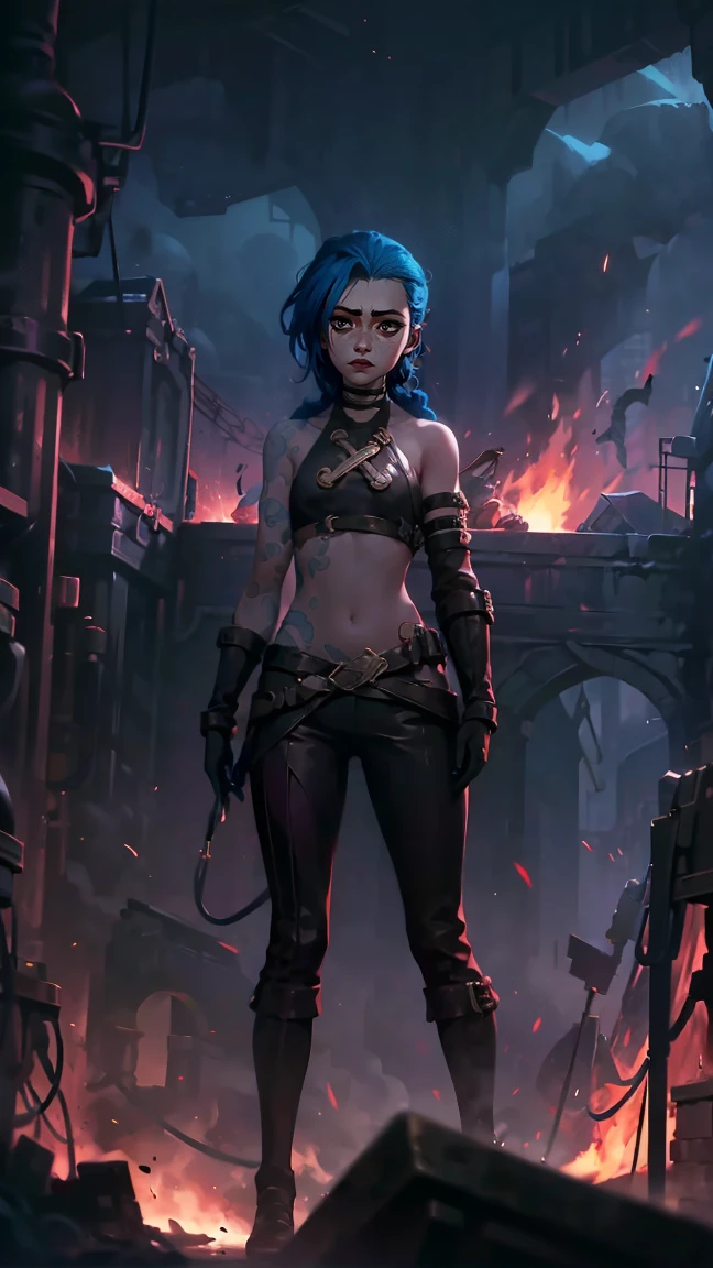 (masterpiece, Best quality), 1 girl, portrait, very sexy, crazy look, smile, crying, pink tears, tears on the cheeks, tears from eyes, full length (full body 1.1.), очень feminine, fighting stance, battle, fire, explosions, burning city, Beautiful waist, gloomy composition, flame, fire, Flash, very beautiful, feminine, long hair, hair braided in long braids, very sexy, tight leather pants, emphasis on the eyes, face accent, Beautiful face, Hands, Hair, Haired ponytail, red purple eyes, Джинкс crying, Blue cloud tattoo, (masterpiece, Best quality), Side lighting, beautiful detailed eyes, crazy face), (Best quality), (masterpiece), magic photography, Spectacular lighting, Photorealism, ultra detailed, интимная portraitная композиция, 1. 4,8 k UHD, aesthetic, Cd., A high resolution, 8 k, better lighting, Best shade, Ultra-HD, A high resolution, sharp focus, Complex background, Cinematic lighting, ((Landscape view)), 4K block, (better lighting), ((Cinematic lighting)),