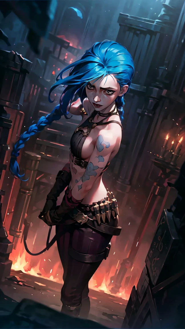 (masterpiece, Best quality), 1 girl, portrait, very sexy, crazy look, smile, crying, pink tears, tears on the cheeks, tears from eyes, full length (full body 1.1.), очень feminine, fighting stance, battle, fire, explosions, burning city, Beautiful waist, gloomy composition, flame, fire, Flash, very beautiful, feminine, long hair, hair braided in long braids, very sexy, tight leather pants, emphasis on the eyes, face accent, Beautiful face, Hands, Hair, Haired ponytail, red purple eyes, Джинкс crying, Blue cloud tattoo, (masterpiece, Best quality), Side lighting, beautiful detailed eyes, crazy face), (Best quality), (masterpiece), magic photography, Spectacular lighting, Photorealism, ultra detailed, интимная portraitная композиция, 1. 4,8 k UHD, aesthetic, Cd., A high resolution, 8 k, better lighting, Best shade, Ultra-HD, A high resolution, sharp focus, Complex background, Cinematic lighting, ((Landscape view)), 4K block, (better lighting), ((Cinematic lighting)),