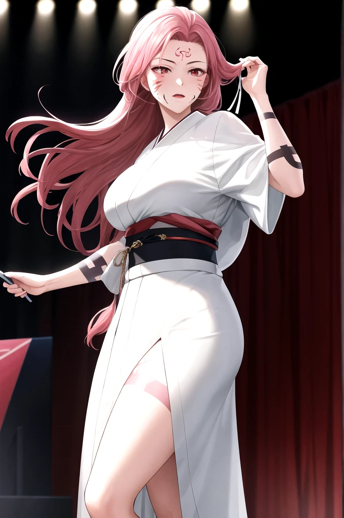 8K,highres,absurdres,masterpiece,best quality,original,extremely detailed CG,extremely detailed wallpaper,perfect lighting,1girl,blurry_background,looking_at_viewer,standing on the stage,
SukunaFem,long hair,pink hair,red eyes,tattoo,large breasts,facial marks,white short kimono,