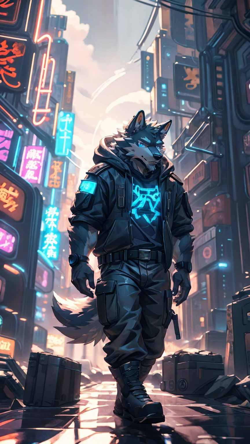 (masterpiece:1.2), best quality,pixiv,official art,perfect anatomy, (Ray tracing, light),solo, (1_male:1.3) , (muscle), (grey fur:1.4), (muscle wolf), (beard:1.2), (gleaming blue eyes), wolf tail, full body, Thick white eyebrows,(open hoodie), (naked inside), (cargo pants:1.2), boots, 30-40years old , storm, rain , wind ,cyberpunk ,neon ,(big square :1.3)