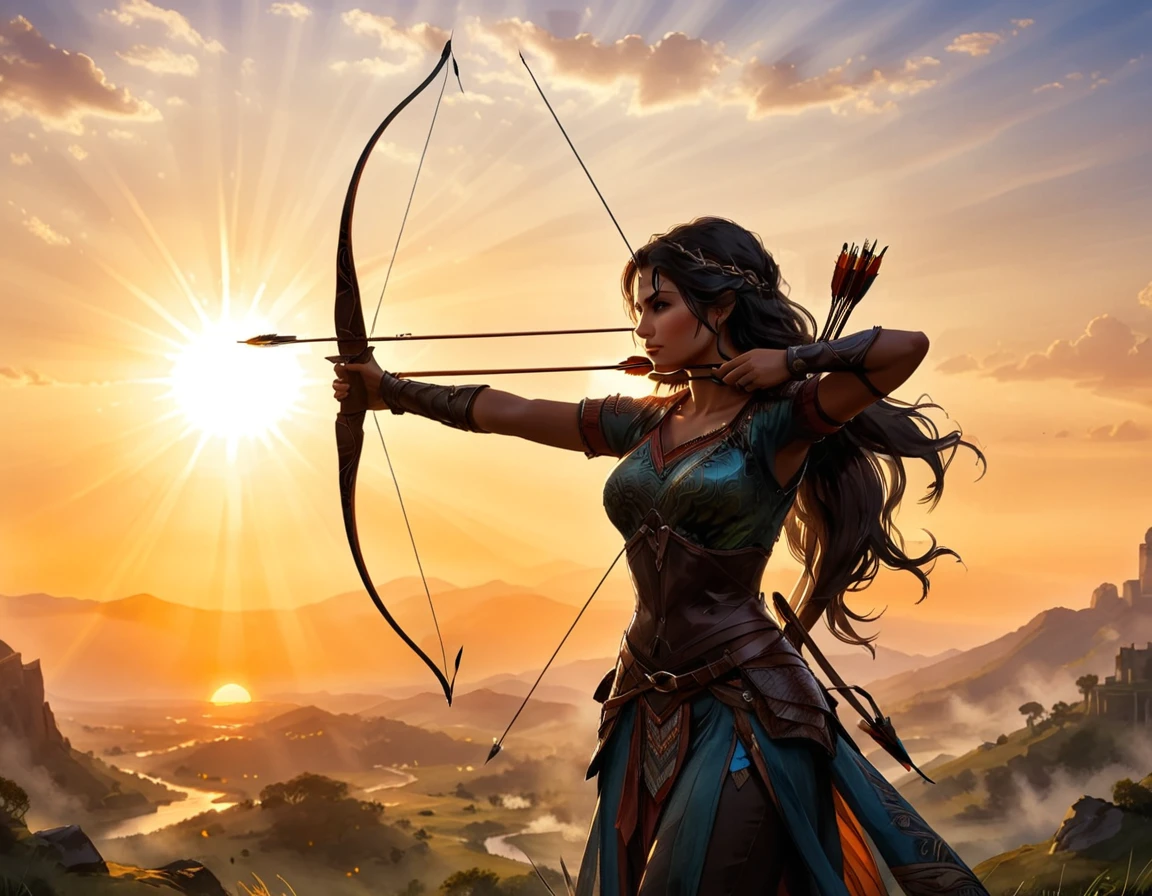 a watercolor illustration of a exquisite beautiful female archer, (silhouette artwork: 1.3), ready for action as the sun rises, fantasy art, ), sun rising behind the archer, ready to act,  ultra feminine, with a long curvy hair, dynamic clothing, intricate clothes, , sting drawn to the cheek , arrow ready to be shot, (tip of the arrow glimmers in the sun: 1.3), sunrays, divine rays, high details, best quality, 16k, [ultra detailed], masterpiece, best quality, (extremely detailed), dynamic angle, Aiming a Bow, bow (weapon)