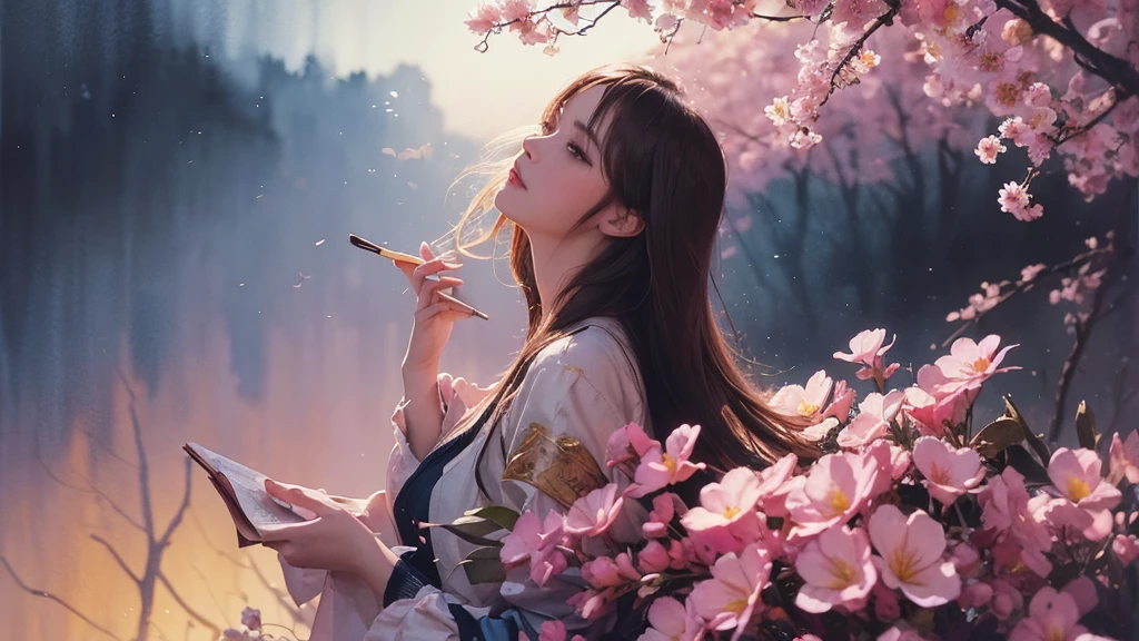 32k, Masterpiece, Highest quality, One girl, Brown Hair, Detailed eyes, flower,Freesia, Pink and navy style,A dreamy, romantic piece,Pale yellow, Mysterious Leaves,A playful arrangement,Fantasy,High Contrast,Ink strokes,explosion,Exposure, Impression of pink and navy tones,Abstract,((Watercolours by John Berkey and Jeremy Mann )) Brush strokes,Negative Space, Tyndall effect,