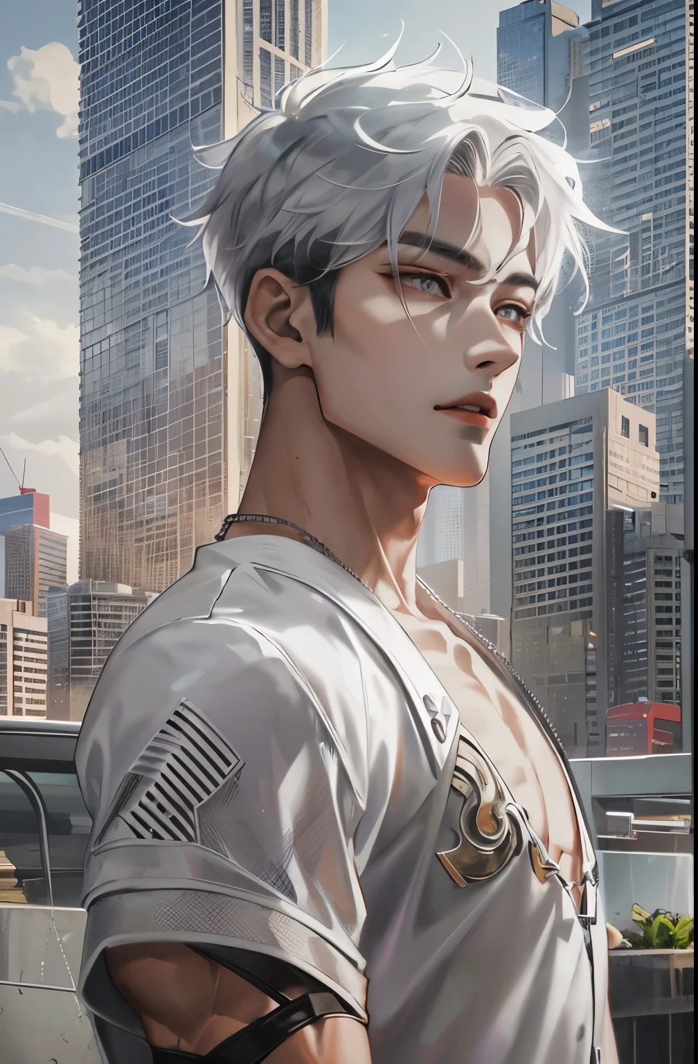 Describe the striking features of the Korean boy in sharp HD graphics, with his piercing amber eyes and chiseled jawline, wearing a stylish, modern outfit that accentuates his lean physique. His short, white hair is styled in a contemporary way, giving him an air of confidence and charm as he stands against a vibrant cityscape backdrop.