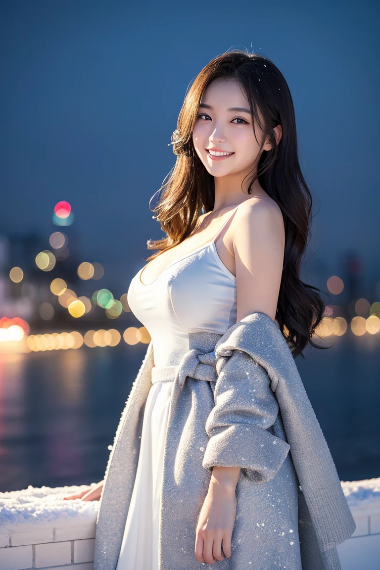 (Highest quality、masterpiece、8K、Best image quality、Hyperrealism、Award-winning works)、1 Girl、(Made from thick Melton fabric、A perfect and elegant open coat:1.1)、Plain white tank top shirt、Soft indirect lighting、Soft and delicate light、Dramatic lighting effects、(Huge breasts:1.2)、Glamorous Body、Accentuate your body lines、Romantic snowy night city、Romantic Christmas illuminations、Beautiful night view of the snowy city、The biggest smile looks at me、Sparkling fine snow、Beautiful snow reflecting light、Diamond dust、(Tyndall effect:1.1)、Beautiful snowy scenery、(that'it's snowing:1.1)、(Snow in the hair:1.1)、Accurate anatomy、(Face close-up:1.1)、Beautiful glossy lipstick, Natural Color、Natural Makeup、Glossy Lips、Ultra HD glossy skin、ultra high definition radiation, Beautiful Skin、Moist and Beautiful Skin、Beautiful Skin glow、超高精細のGlossy Lips、Ultra-high definition sparkling eyes、(Beautiful perfect teeth in super high resolution:1.1)、Please smile widely and show your beautiful teeth.、(perfect beautiful teeth:1.1)