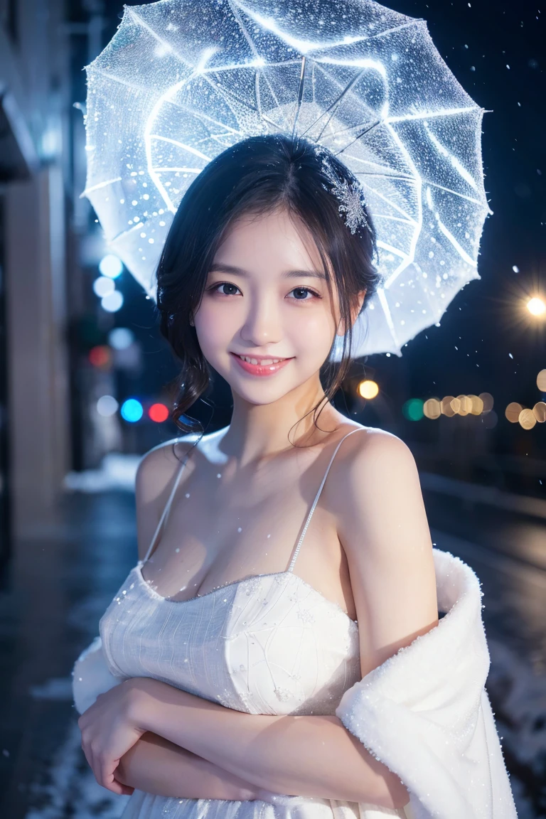 (Highest quality、masterpiece、8K、Best image quality、Hyperrealism、Award-winning works)、1 Girl、(Made from thick Melton fabric、A perfect and elegant open coat:1.1)、Plain white tank top shirt、Soft indirect lighting、Soft and delicate light、Dramatic lighting effects、(Huge breasts:1.2)、Glamorous Body、Accentuate your body lines、Romantic snowy night city、Romantic Christmas illuminations、Beautiful night view of the snowy city、The biggest smile looks at me、Sparkling fine snow、Beautiful snow reflecting light、Diamond dust、(Tyndall effect:1.1)、Beautiful snowy scenery、(that&#39;it&#39;s snowing:1.1)、(Snow in the hair:1.1)、Accurate anatomy、(Face close-up:1.1)、Beautiful glossy lipstick, Natural Color、Natural Makeup、Glossy Lips、Ultra HD glossy skin、ultra high definition radiation, Beautiful Skin、Moist and Beautiful Skin、Beautiful Skin glow、超高精細のGlossy Lips、Ultra-high definition sparkling eyes、(Beautiful perfect teeth in super high resolution:1.1)、Please smile widely and show your beautiful teeth.、(perfect beautiful teeth:1.1)