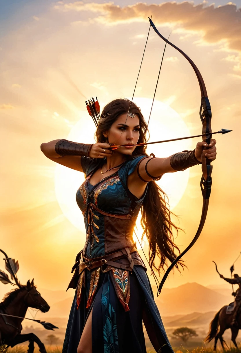 a watercolor illustration of a exquisite beautiful female archer, (silhouette artwork: 1.3), ready for action as the sun rises, fantasy art, ), sun rising behind the archer, ready to act,  ultra feminine, with a long curvy hair, dynamic clothing, intricate clothes, , sting drawn to the cheek , arrow ready to be shot, (tip of the arrow glimmers in the sun: 1.3), sunrays, divine rays, high details, best quality, 16k, [ultra detailed], masterpiece, best quality, (extremely detailed), dynamic angle, Aiming a Bow, bow (weapon)