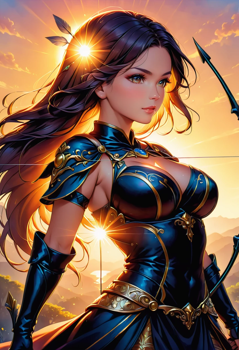 a watercolor illustration of a exquisite beautiful female archer, (silhouette artwork: 1.3), ready for action as the sun rises, fantasy art, ), sun rising behind the archer, ready to act,  ultra feminine, with a long curvy hair, dynamic clothing, intricate clothes, , sting drawn to the cheek , arrow ready to be shot, (tip of the arrow glimmers in the sun: 1.3), sunrays, divine rays, high details, best quality, 16k, [ultra detailed], masterpiece, best quality, (extremely detailed), dynamic angle, Aiming a Bow, bow (weapon)